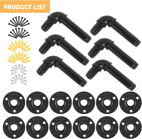 MOOACE Pipe Shelf Brackets 6 Packs, Industrial DIY Floating Shelf Bracket Black, Wall Mounted Metal Shelving Supports, L Bracket Rustic Vintage Look
