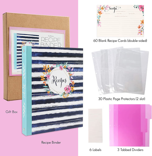 LotFancy Recipe Binder, 8.5 x 10.2, with 60 Blank Recipe Cards 4x6, 30 Plastic Page Protectors, 3 Tabbed Dividers, 6 Labels - Kitchen Recipe Card Cookbook Binder Organizer Kit