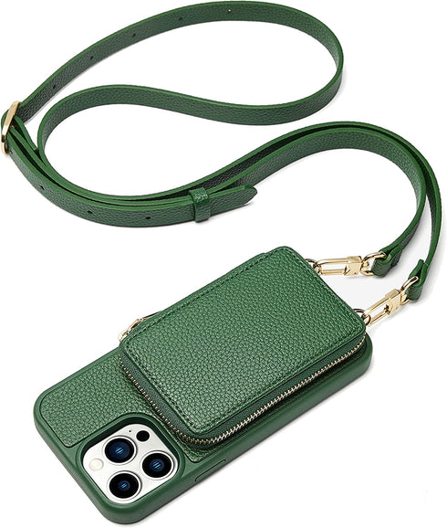 ZVE iPhone 12 Pro/iPhone 12 Zipper Wallet Case, Crossbody Phone Case with Credit Card Holder Wrist Strap Purse Cover Gift for Women Compatible with iPhone 12 Pro/iPhone 12?6.1 inch?-Dark Green