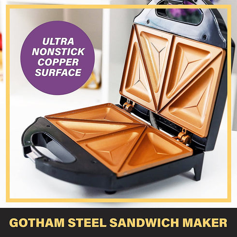 GOTHAM STEEL Sandwich Maker, Toaster and Electric Panini Grill with Ultra Nonstick Copper Surface - Makes 2 Sandwiches in Minutes with Virtually No Clean Up, with Easy Cut Edges and Indicator Lights