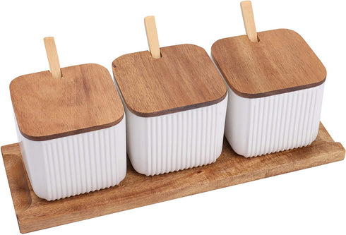 WUWEOT 3 Pack Porcelain Condiment Bowls Set, 12OZ White Ceramic Salt Bowl Condiment Jar Spice Container with Lids Spoons and Tray for Sugar, Serving Tea, Coffee, Spice, Salt