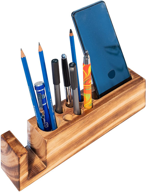 Wooden Phone Stand & Desk Pen Holder | HoffengWell Docking Station Organizer | Desktop Solid Wood Cup Pencil Storage | Office Cell Charging Organization Caddy
