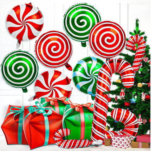30Pcs Christmas Foil Balloons, Large Candy Cane Swirl Mylar Balloons with Ribbons, Red Green Balloons for Birthday and Candies Theme Party Decorations