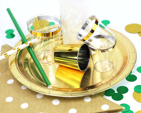 Just Artifacts 1oz Plastic Shot Glasses (120pcs, Metallic Gold Rim)