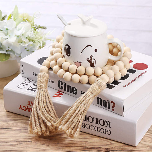 Garneck 58in Wood Bead Garland,Rustic Country Beads Wood Bead Tassel,Farmhouse Wall Hanging Prayer Beads Home Christmas Tree Decoration (1 Pack) (58inch) (1pack-58inch)