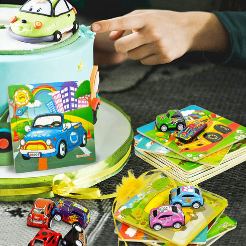 Vileafy Children Party Favors, Puzzles for Toddlers 2-4 Years Old, Wooden Kindergarten Puzzles for Boys and Girls, 12-Pack Toddlers Puzzles with Individual Storage Tray & Organza Bags