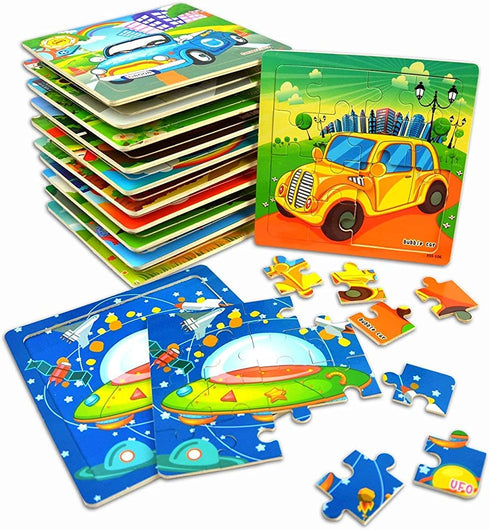 Vileafy Children Party Favors, Puzzles for Toddlers 2-4 Years Old, Wooden Kindergarten Puzzles for Boys and Girls, 12-Pack Toddlers Puzzles with Individual Storage Tray & Organza Bags
