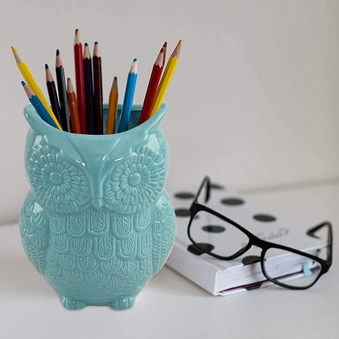 HOME-X Large Owl Design Ceramic Cooking Utensil Holder, Kitchen Decor for Cooking Accessories, Ceramic Utensil Holder-Multipurpose- Aqua Blue-7? H x 4? D