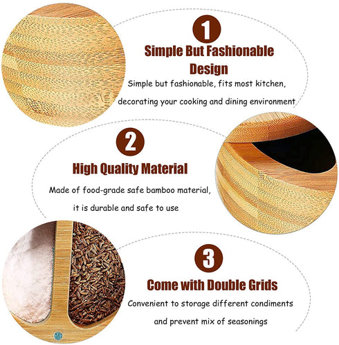 Salt and Pepper Bowls, Salt Keeper with Swivel Lid and Magnet to Keep Dry, Bamboo Salt Cellar with Two Spoons, Two Deep Compartments for Counter