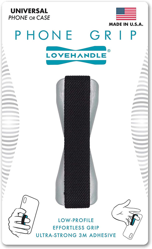 LOVEHANDLE Phone Grip for Most Smartphones and Mini Tablets, Black Elastic Strap with Silver Base, LH-01Silver