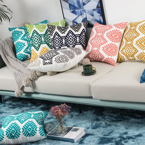 Teal Farmhouse Embroidered Decorative Pillow Covers Morocco Boho Diamond Couch Sofa Throw Cushion Cases Living Room Pillowcases,Pack 2,18x18