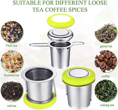 2 Pieces Tea Infusers with Tea Scoop Stainless Steel Tea Strainer Folding Handle Tea Filter Fine Mesh Strainer Brewing Basket with Silicone Lid for Loose Leaf Tea