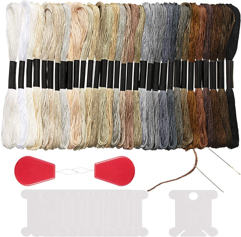 Peirich 32 Skeins Black to White Gradient Grey Brown Embroidery Floss, Cross Stitch Threads Friendship Bracelets Floss with 12 Floss Bobbins, 2 Embroidery Needles and Needle Threader
