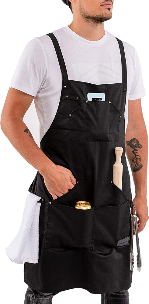 Master Chef Apron for Men Professional Waterproof Heavy Duty Black Cooking Apron for BBQ Grill Kitchen Apron for Women with Pockets M to XXL Size men's apron