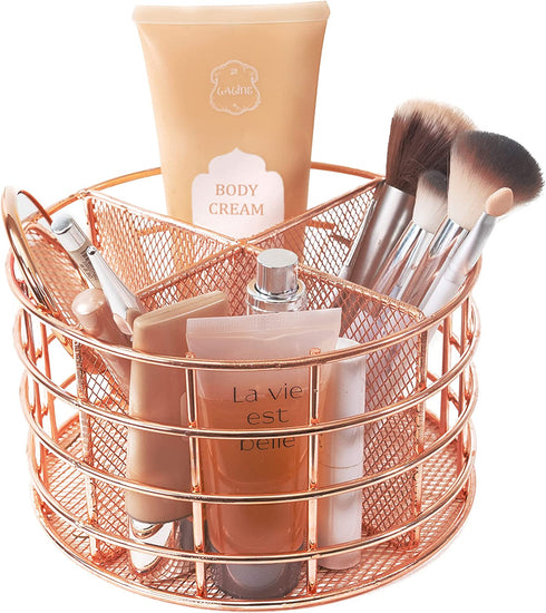 Rosework Rose Gold Makeup Brush Holder, Round Makeup Organizer For Vanity, 4 Compartment Makeup Brush Organizer and Cosmetic Brush Holder, Great Skincare Organizer and Makeup Brush Storage