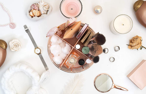Rosework Rose Gold Makeup Brush Holder, Round Makeup Organizer For Vanity, 4 Compartment Makeup Brush Organizer and Cosmetic Brush Holder, Great Skincare Organizer and Makeup Brush Storage