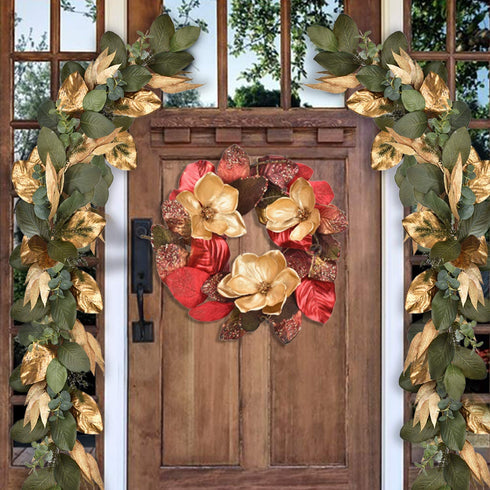 RED DECO Christmas Wreath for Front Door - 20 Inch Red Magnolia with 3 Gold Flowers, Holiday Wreaths for Home Farmhouse Indoor Outdoor Windows Wall Decor(Red)
