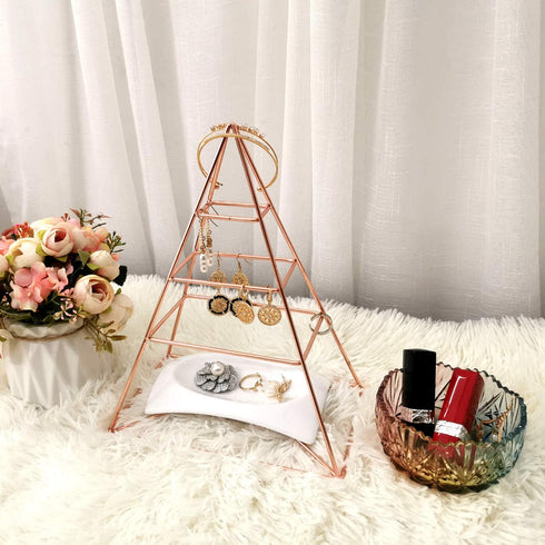 3-Tier Electroplated Metal Pyramid Design Jewelry Tower, Decorative Earring Display Stand , Rose Gold with White China Dish for Rings