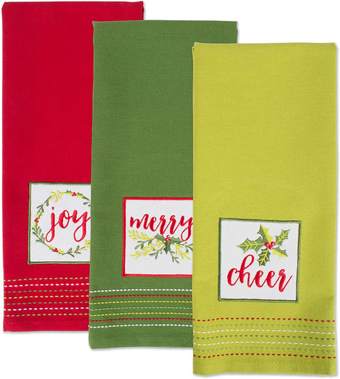 DII Holiday Kitchen Collection Embroidered Dishtowel Set, 18x28, Cheers Merry & Joy, 3 Piece