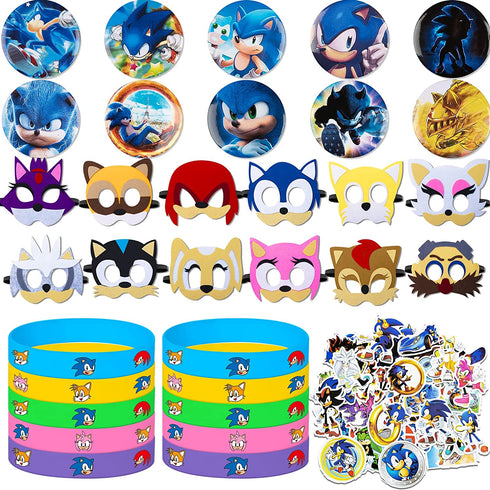 (NEW UPGRADE) Birthday Party Favors Set,82 pcs Birthday Party Supplies for Kids include 12 Masks,10 Sonic Pins and 50 Stickers,Best for Fill Up the Birthday Gift Bags