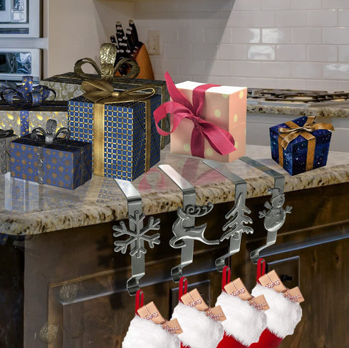 Christmas Stocking Holders for Mantle Set of 4 in 4 Styles, Weighted Stocking Hangers for Mantel Fireplace, Stocking Hooks for Xmas Decoration
