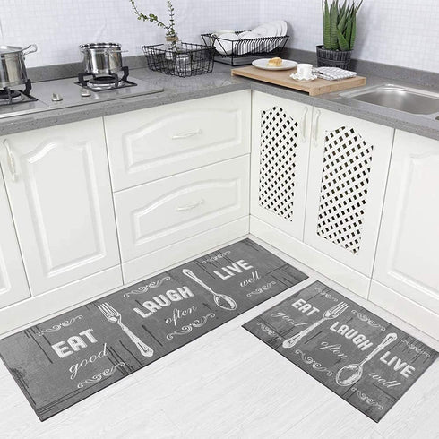 Carvapet 2 Piece Kitchen Rug Set Non-Slip Backing Mat Throw Rug for Kitchen Doormat Runner Rug Set, Motto Design, Grey (17"x48"+17"x24")
