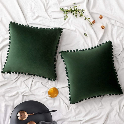 Woaboy Pack of 2 Velvet Throw Pillow Covers Spring Pompom Decorative Pillowcases Solid Soft Cushion Covers with Poms Square for Couch Sofa Bedroom Car 20x20inch Dark Green