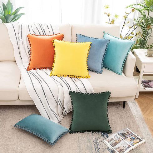 Woaboy Pack of 2 Velvet Throw Pillow Covers Spring Pompom Decorative Pillowcases Solid Soft Cushion Covers with Poms Square for Couch Sofa Bedroom Car 20x20inch Dark Green