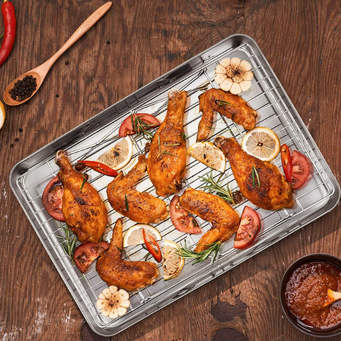 Baking Sheet and 2-Tier Cooling Racks Set, P&P CHEF Stainless Steel Baking Pan Tray with Stackable Cooking Wire Rack for Cookie Bacon Meat, Uncoated & Non-toxic , Mirror Finish& Dishwasher Safe - 3Pcs