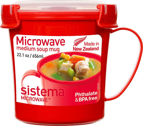 Sistema Microwave Soup Mug with Lid and Steam Release Vent, Dishwasher Safe, 22.1-Ounce, Red