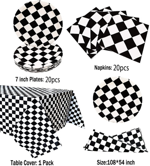 Black and White Checkered Racecar Themed Birthday Party Cake Plates Napkins and Tablecloth Children's Birthday Party Decorations for Boys Girls (Serves 20)