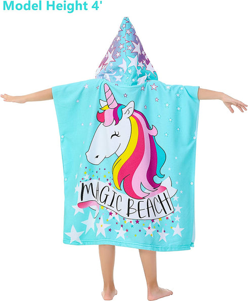 Athaelay Soft Swim Cover-ups for 3 to 10 Years Old Kids Girls Hooded Bath Beach Poncho Towels (Magic Unicorn, with Drawstring Bag)