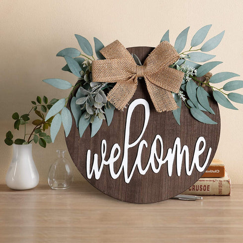 KHOYIME Welcome Sign for Front Porch - Rustic Wooden Door Hanger Farmhouse Front Door Decorations for Home Restaurant (Brown)