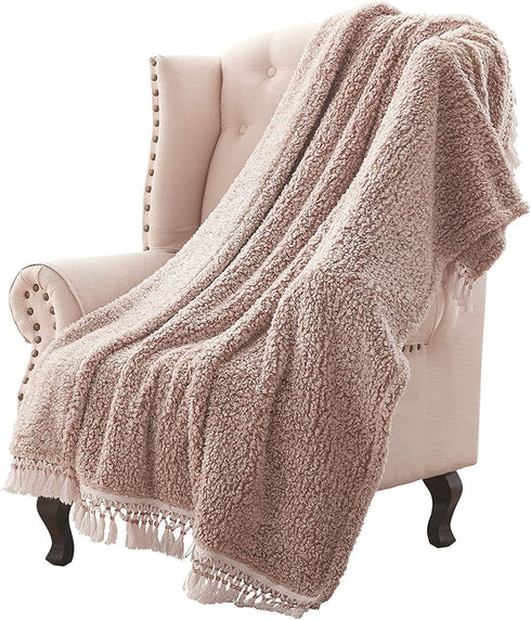 Sedona House Textured Throw Blanket Sharved Back Printing Sherpa Throw Blankets with Tassels (Light Tan)