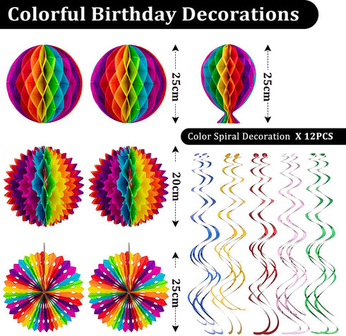 Whaline Colourful Birthday Decorations Hot-air Balloon Fiesta Hanging Paper Fans Hanging Swirl Polka Dot String Pom Poms Flowers Happy Birthday Banner Paper Garland for Birthday Decor Party 20Pcs