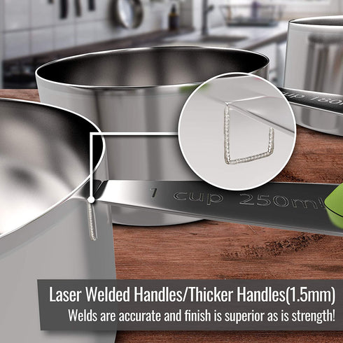 13-Piece Measuring Cups and Spoons Set - Stainless Steel Measuring Cups and Oval-Shaped Measuring Spoon - New Spring-Type Ring with No Sharp Edges - Non-Slip Silicone Grip Handles - Heavy-Duty