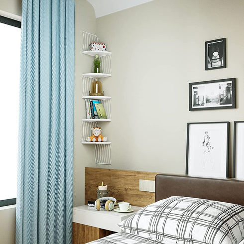 Love-KANKEI Corner Shelf Wall Mount of 5 Tier Rustic Solid Wood Floating Shelves for Bedroom Wall Shelves Living Room Bathroom Kitchen Office and More White and White Brackets