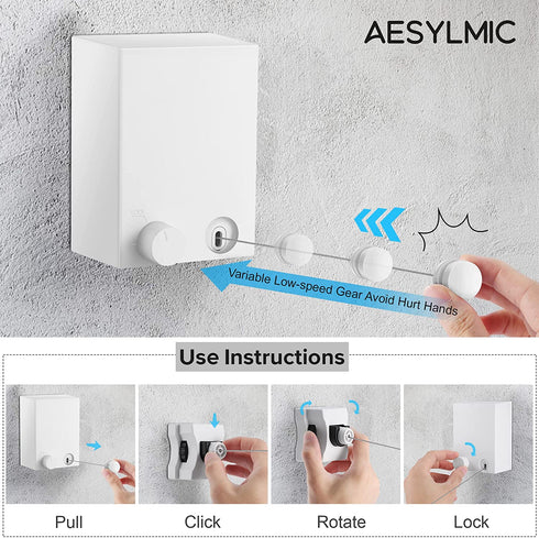 Aesylmic Retractable Clothesline Outdoor, Adjustable Tightness Retractable Laundry Line, Wall-Mounted Heavy Duty Clothes Line Indoor, Up to13.8 Feet Long Clothes line