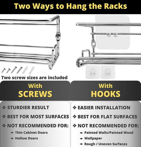 Spice Racks Organizer For Cabinet Door Mount, Wall Mounted: Unique Racks Design to Secure Jars - Set of 4 Spices & Seasoning Chrome Hanging Shelf Kit - Storage in Kitchen, Pantry, Cupboard, Countertop