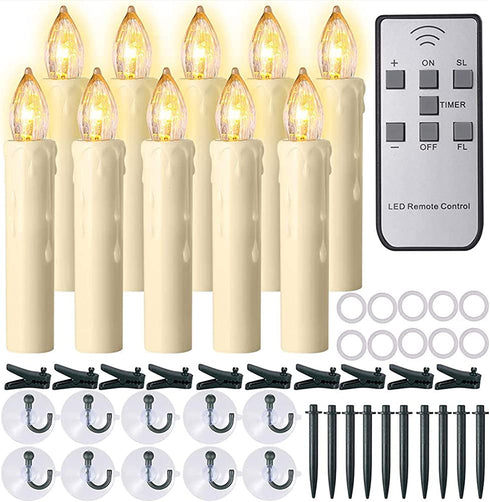 Window Candles, PChero 10 Packs Warm White Battery Operated Waterproof LED Flameless Taper Ivory Floating Candles with Remote Timer and Dimmable, Ideal for Home Indoor Outdoor Christmas Trees Decor