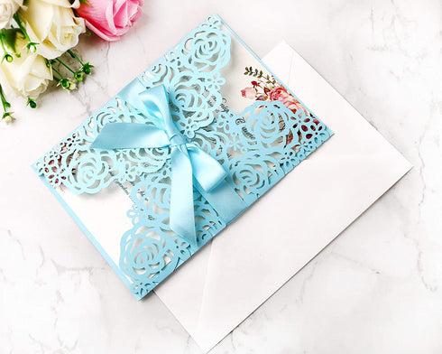PONATIA 25PCS/Lot 250GSM 5.12 x 7.1'' Laser Cut Hollow Rose with Blue Ribbons Wedding Invitations Cards for Wedding Bridal Shower Engagement Birthday Graduation Invite (Blue)