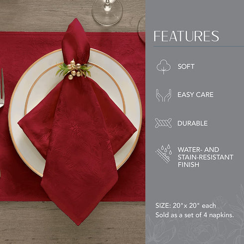 Elrene Home Fashions Poinsettia Elegance Jacquard Holiday Napkins (Set of 4), 17" x 17", Red 4 Count