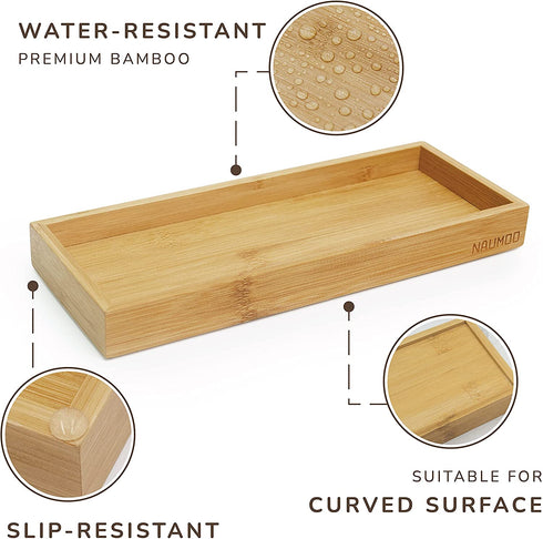 NAUMOO Natural Bamboo Vanity Tray - Slip-Resistant Wooden Bathroom Organizer for Toilet Tank and Counter Top - Spa Home and Kitchen Decor Wood Holder (Small)