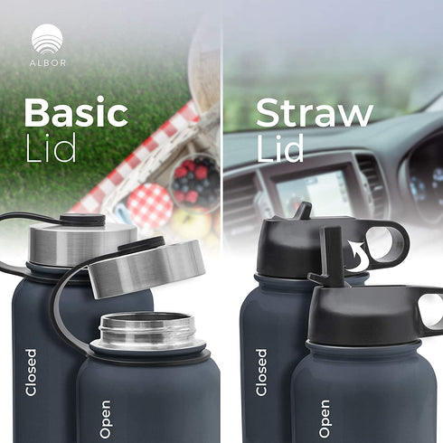 ALBOR Insulated Water Bottle with Straw - 32 oz Water Bottles - Triple Insulated Stainless Steel Water Bottles with 4 Leak-Proof Lids and 2 Straws. Reusable Water Bottle, Graphite