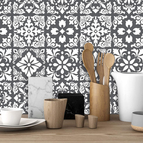 WALPLUS 24pcs 6" Peel and Stick Vinyl Backsplash Tiles Stickers Tile Paint Removable Waterproof Self-Adhesive Decals Vinyl Home Kitchen Bathroom Spring Easter Decoration (Dark Grey Spanish Renaissance)
