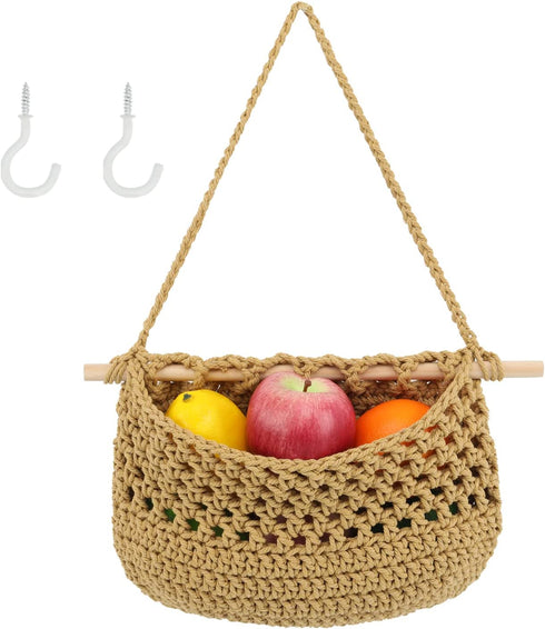 Boho Hanging Fruit Woven Baskets Handmade Pocket Hanger Fruit Storage Wall Mount Organization with 2 Hooks to Store All Items for Home Kitchen Modern D©cor (khaki)