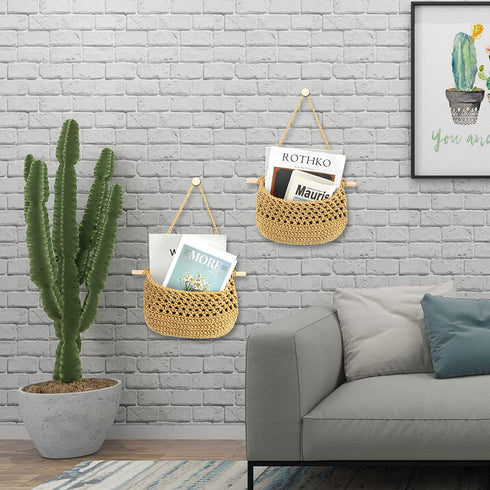 Boho Hanging Fruit Woven Baskets Handmade Pocket Hanger Fruit Storage Wall Mount Organization with 2 Hooks to Store All Items for Home Kitchen Modern D©cor (khaki)