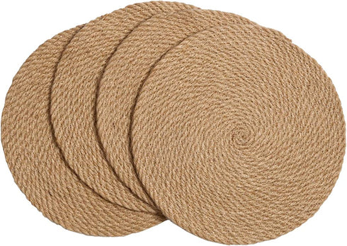 SHACOS Jute Placemats Set of 4 Heat Resistant 12 inch Round Place Mats Natural Jute Woven Braided Table Mats Thick Farmhouse Placemats Trivet (Jute Brown, 12 Inch)