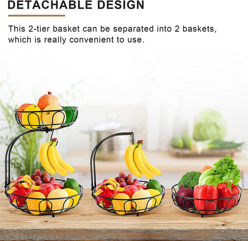 2 Tier Fruit Basket for Kitchen Countertop Detachable Metal Wire Fruits Vegetable Storage Bowl Tiered Stand Holder with Banana Hanger for Dining Table Organizer