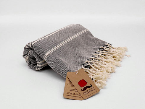 Bazaar Anatolia Slim Line Turkish Towel 100% Cotton Peshtemal Beach Towel 76x38 Thin Lightweight Travel Camping Bath Sauna Gym Pool Blanket Fouta Bridesmaid Gift Quick Dry Towels (Black)